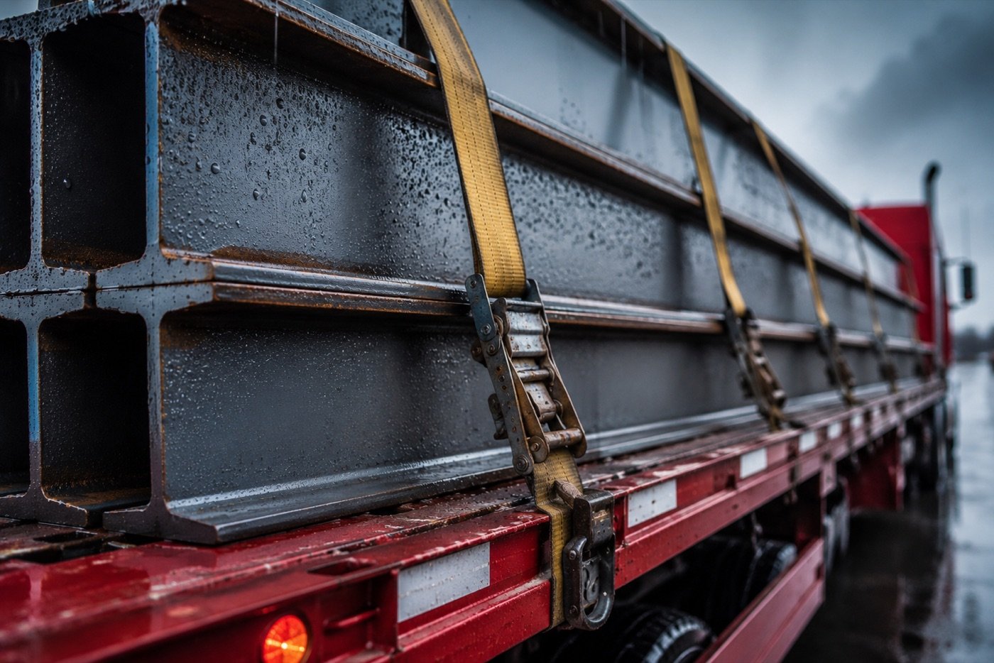 Steel beams strapped on an AFC flatbed