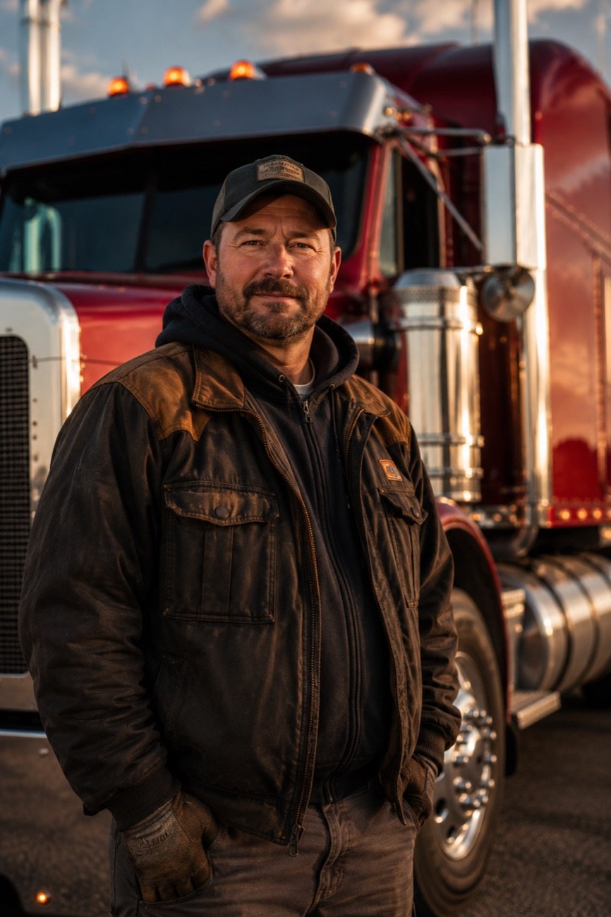 An AFC flatbed driver beside his cherry-red tractor at golden hour