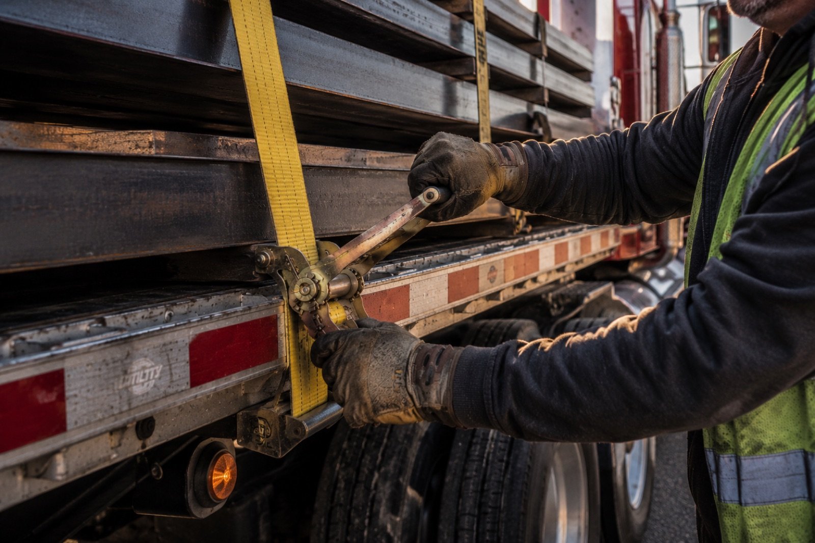 An AFC driver tightening a ratchet strap over steel beams on a flatbed trailer