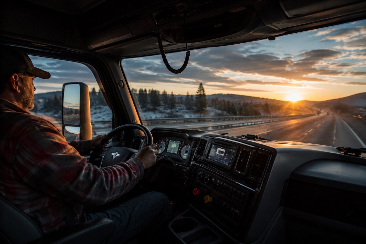 Inside an AFC truck cab at sunrise on the open highway
