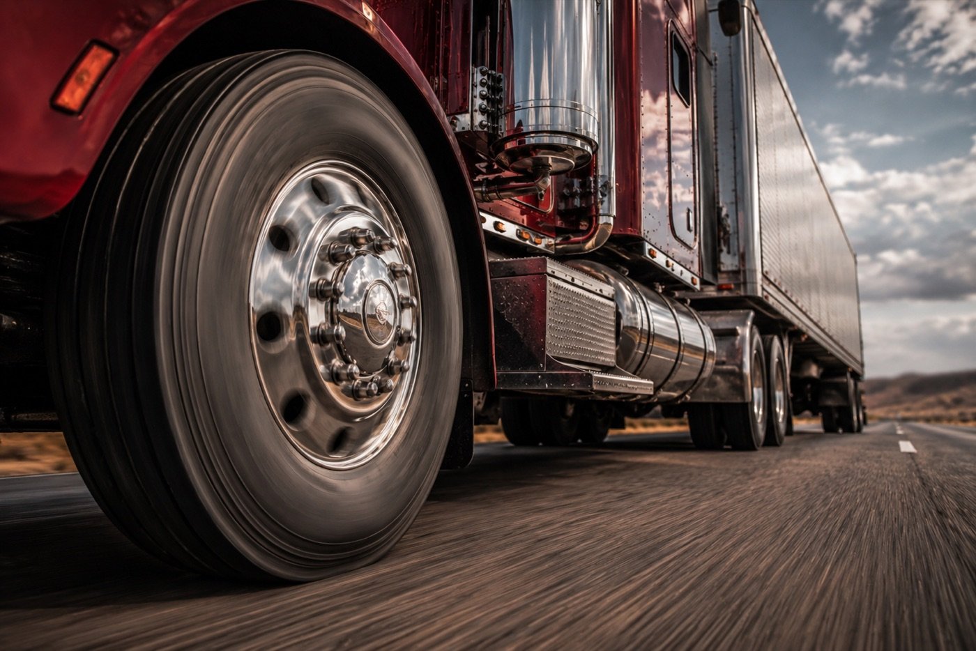 An AFC tractor wheel in motion on the highway