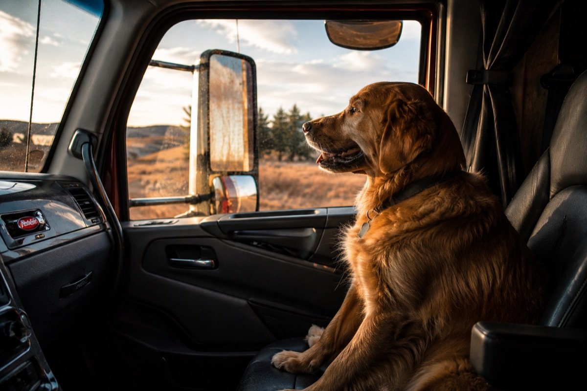 A dog riding along in an AFC truck cab