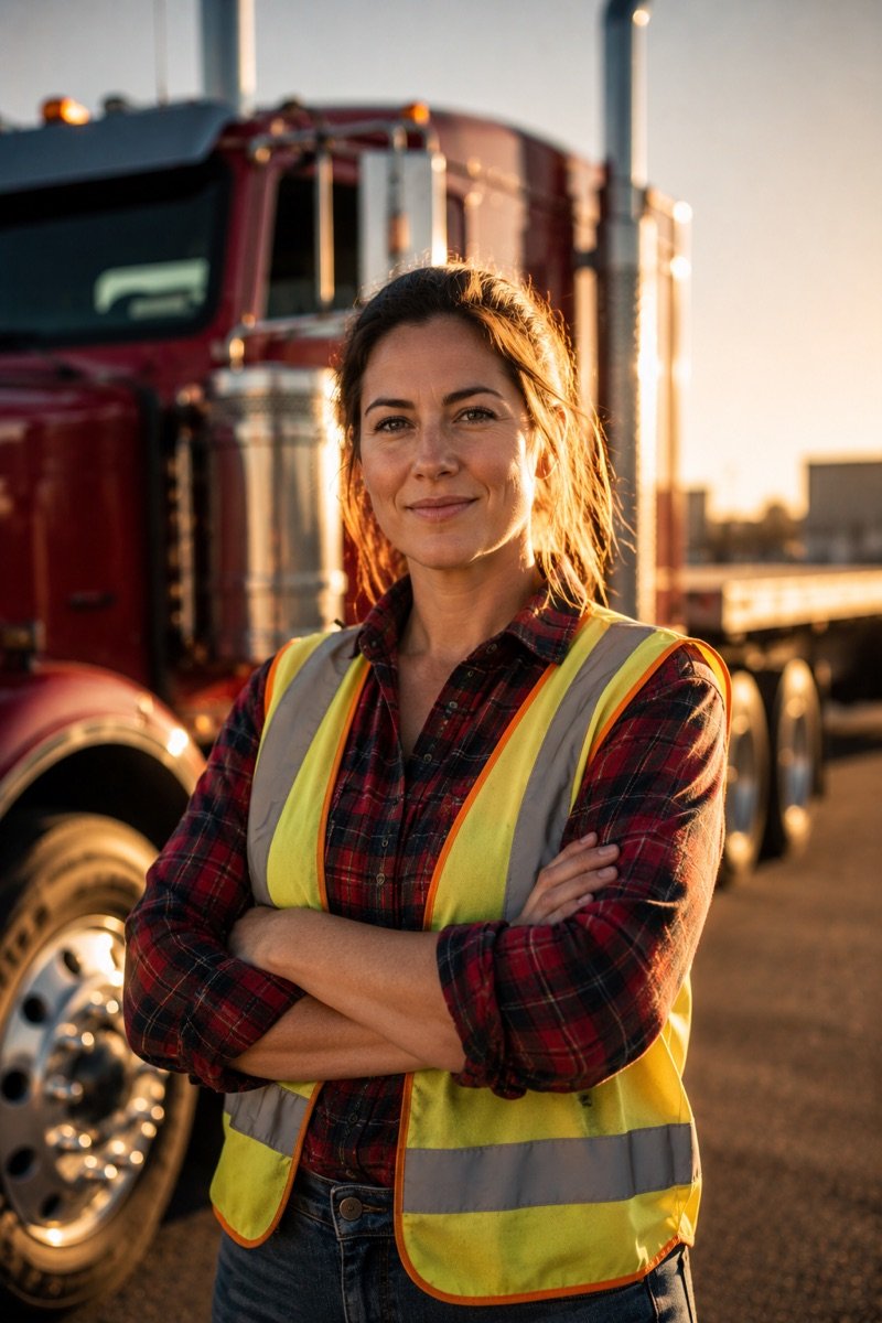A confident AFC flatbed driver beside her red tractor