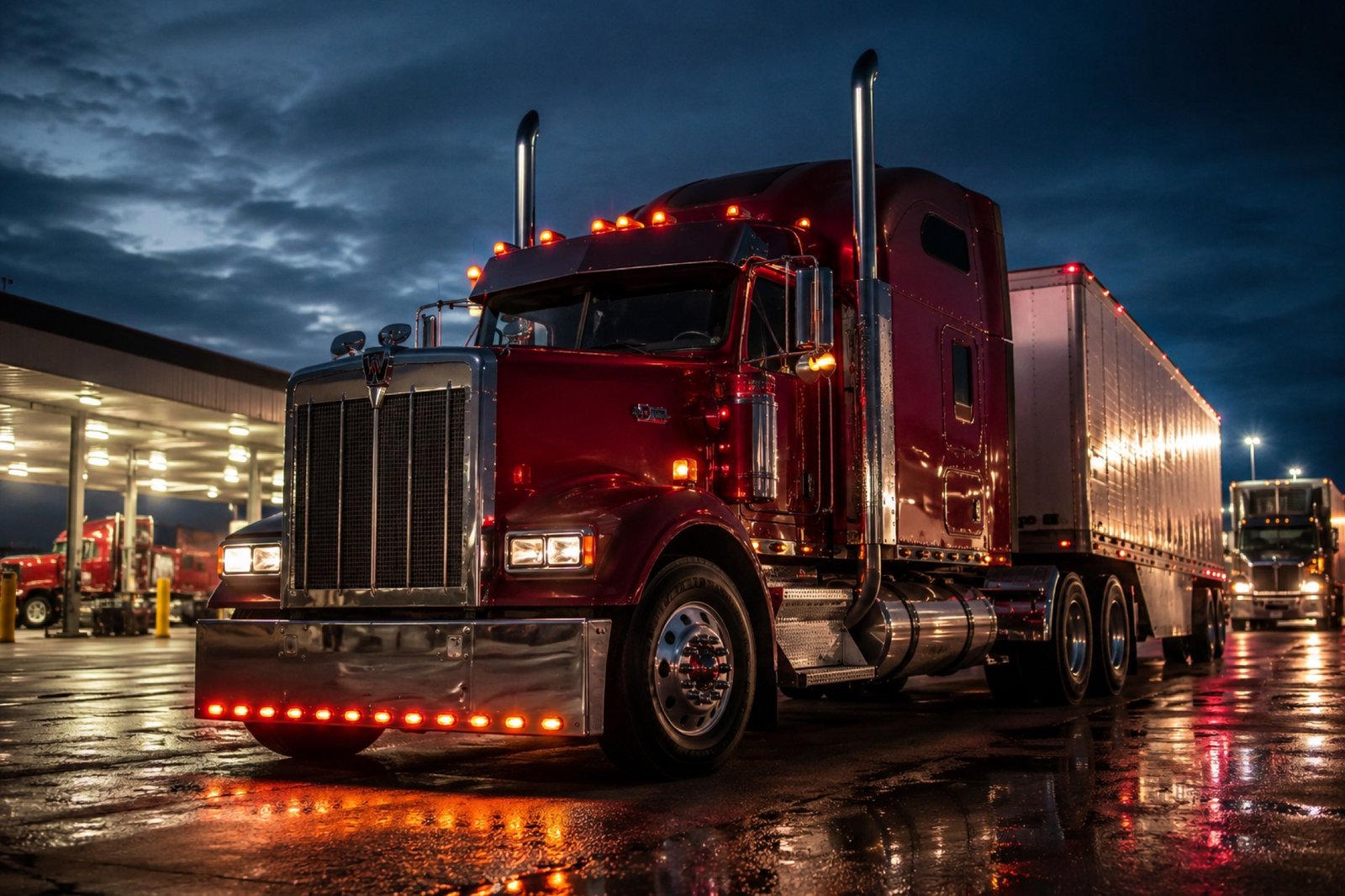 An AFC tractor glowing at a terminal at night